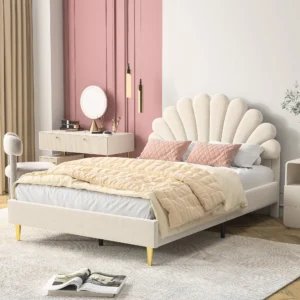 Anajqaqia Upholstered Double Bed 140x200cm, with Flower Shape Headboard in Shell Shape and Slatted Frame, Velvet Fabric