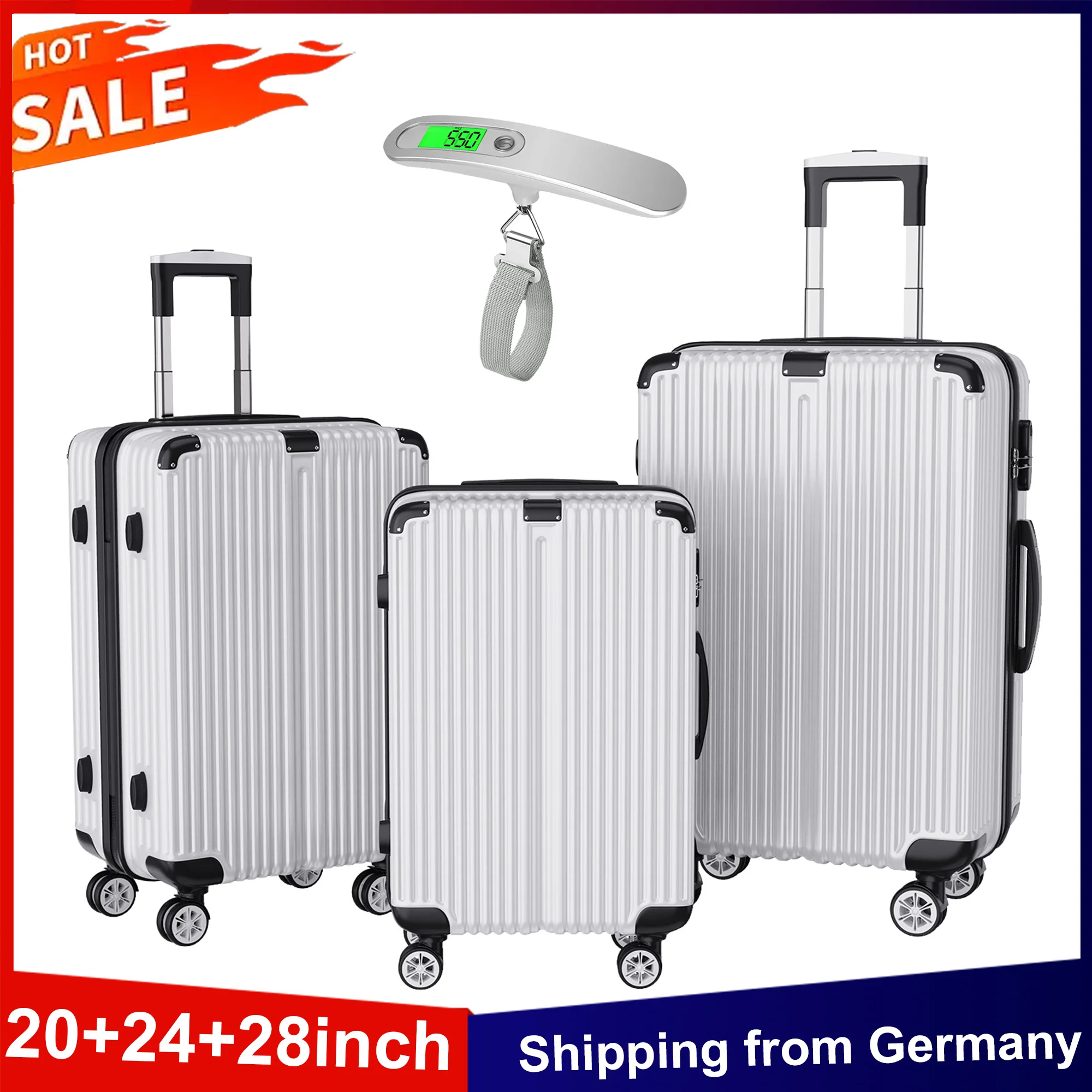 Anajqaqia Suitcase Set of 3(20+24+28inch),with TSA Lock & Scales & 360° Wheels,ABS Hard Shell Travel Trolley Hand Luggage,Silver