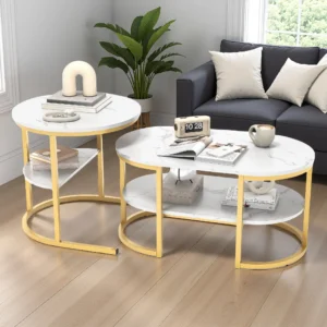Wooden Aura Modern Couch table Set of 2 Marble Effect Coffee table living room table Metal Frame living room Golden