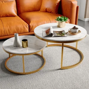 Wooden Aura 2 PCs Modern coffee table with Marble Structure for living room Sofa Side Round Coffee Table 2-in-1