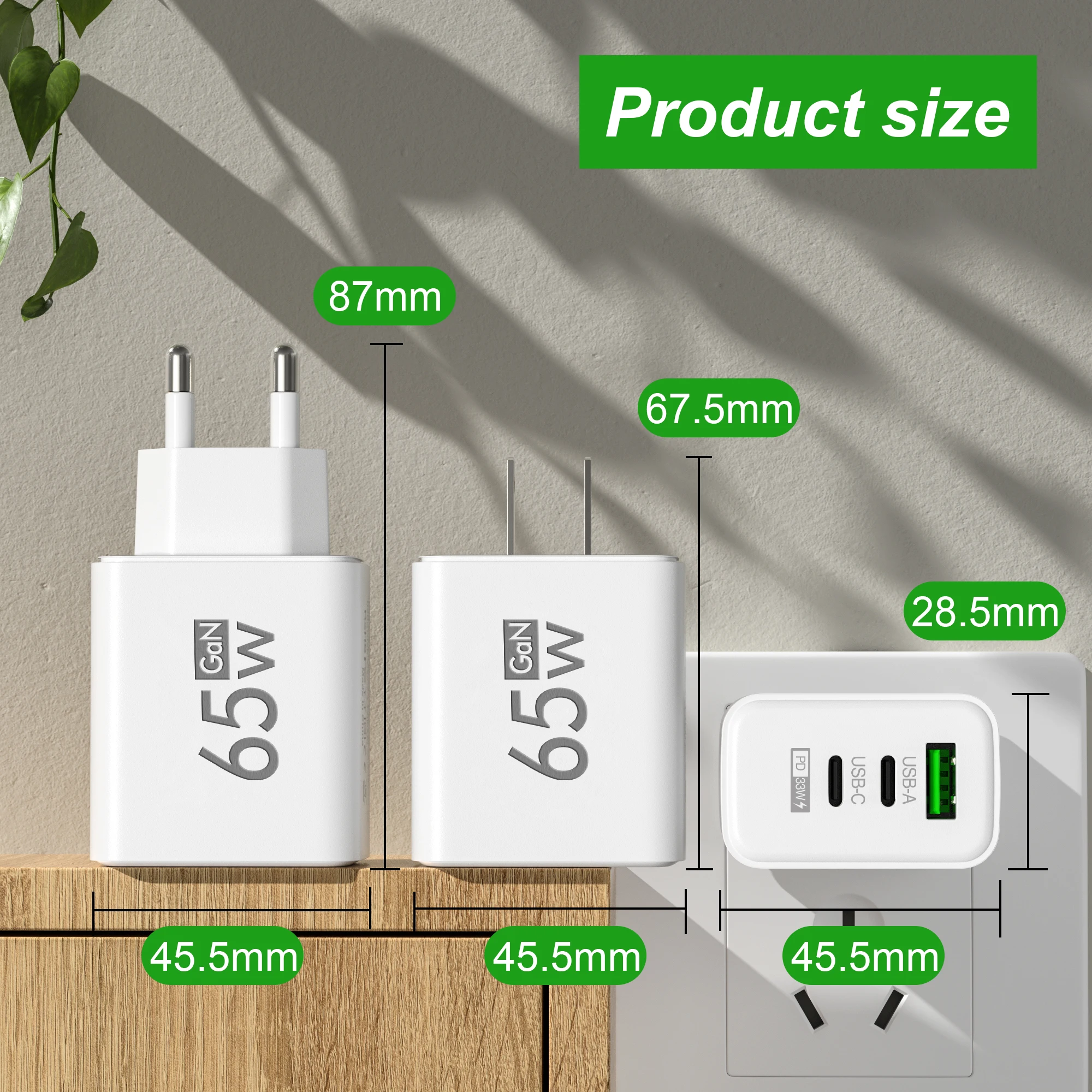 PD 65W GaN USB C Charger 3 Ports Fast Charger Quick Charge 3.0 Type C Phone Adapter For iPhone 15 16 Samsung Xiaomi Wall Charger - Image 3