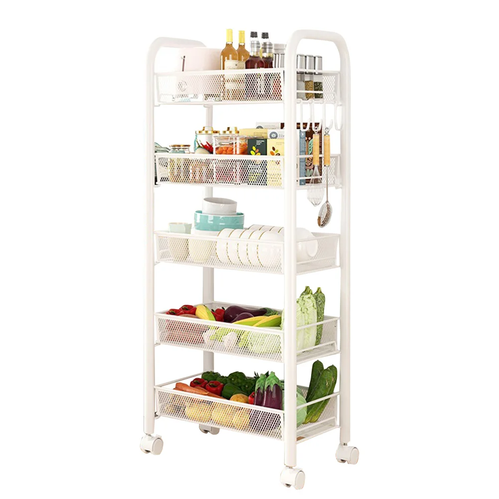 5-Tier Movable Trolley Storage Rack Metal Kitchen Rack Household Floor-Standing Multi-Layer Storage Rack Vegetable Basket - Image 8