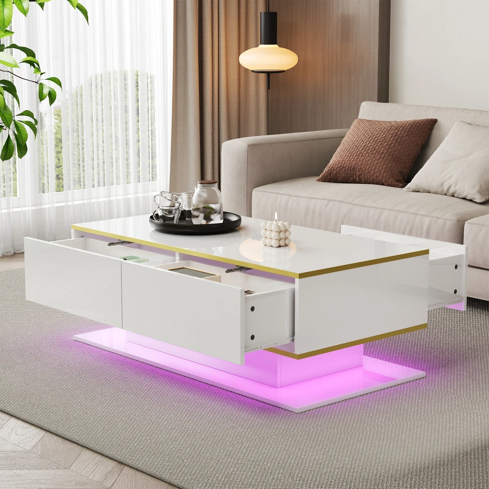 Modern LED Coffee Table with High Gloss Surface, Gold Decoration, Drawers and A Compartment with Color Changing LED Light Strip - Image 10