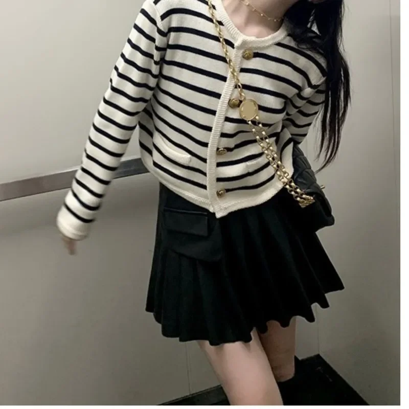 Women Stripe Knitted Cardigans Spring Autumn O-neck Single Breasted Long Sleeve Crop Tops Fashion Casual Chic Female Sweaters - Image 9