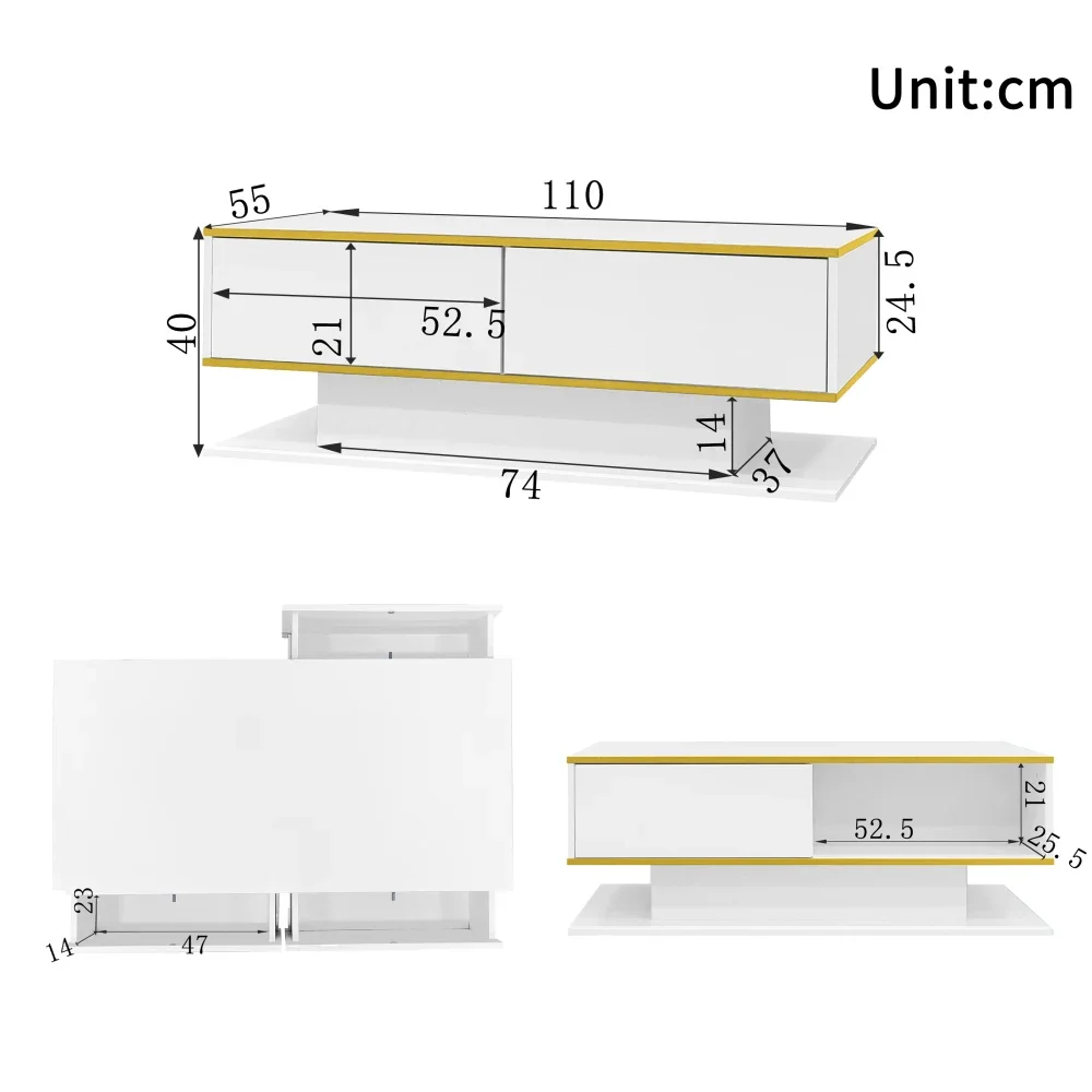 Modern LED Coffee Table with High Gloss Surface, Gold Decoration, Drawers and A Compartment with Color Changing LED Light Strip - Image 3