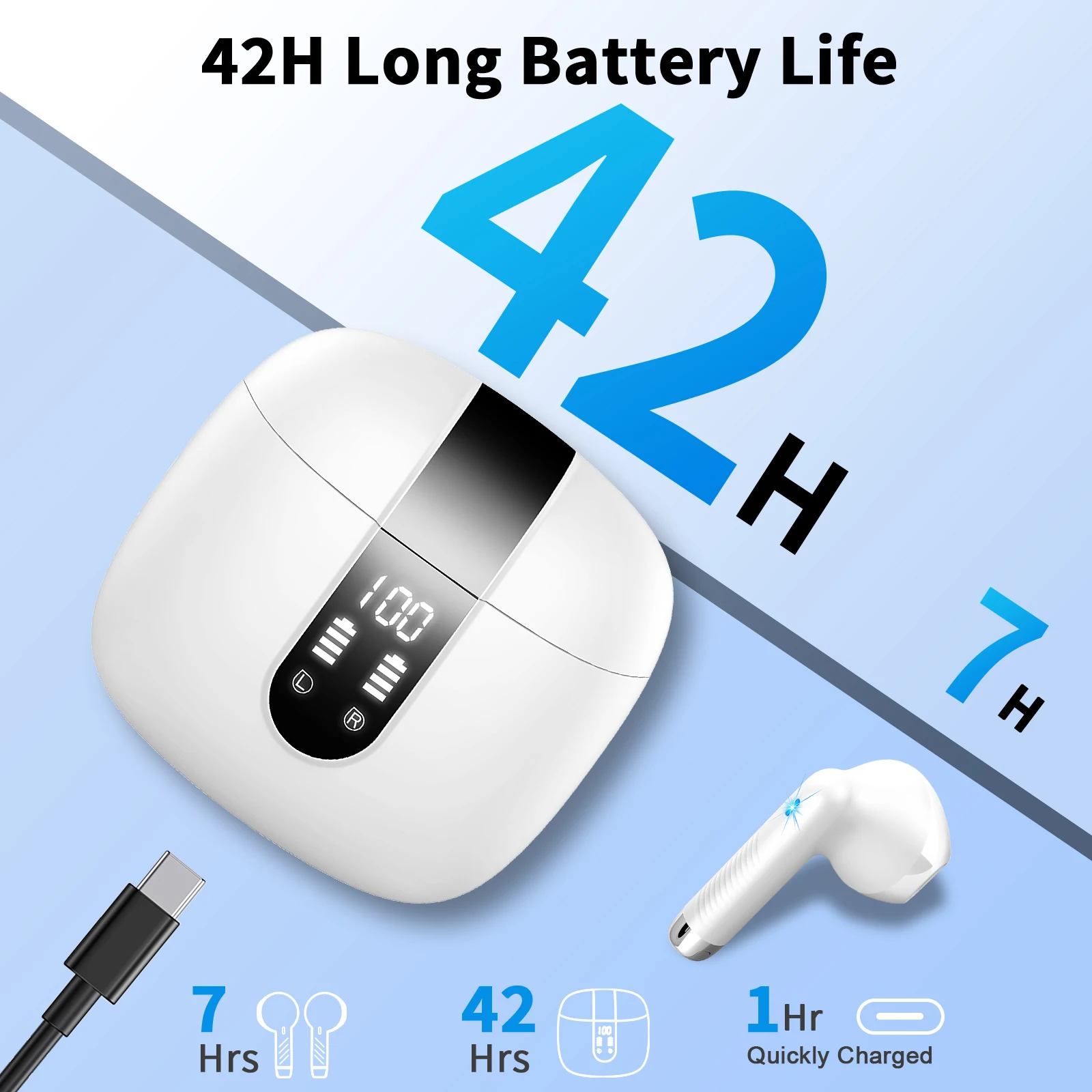 Wireless Earbuds, Bluetooth 5.3 Headphones In Ear with 4 ENC Mics, 42H Playtime LED Display Wireless Earphones.