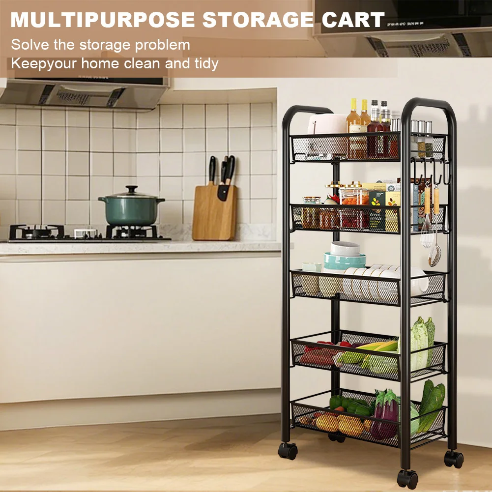5-Tier Movable Trolley Storage Rack Metal Kitchen Rack Household Floor-Standing Multi-Layer Storage Rack Vegetable Basket - Image 20