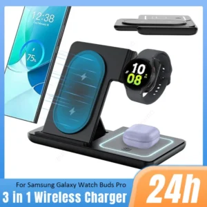 3 in 1 LED Light Wireless Charger Foldable Phone Stand For Samsung S25 S24 Galaxy Watch 2-7 Buds3/2 Pro 3 Fast Charging Station