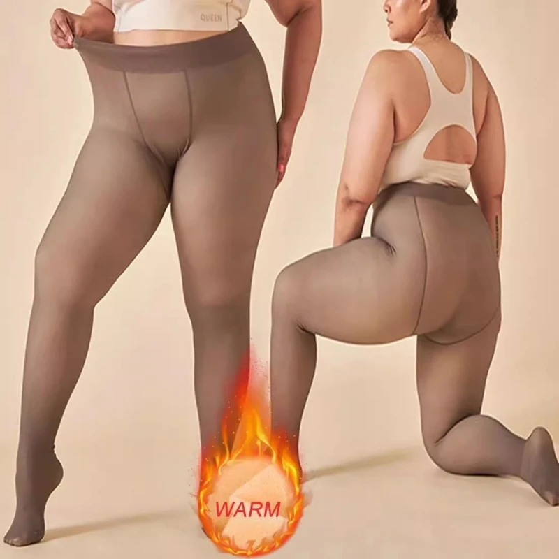 M L XL Plus Size Thermal Fleece Lining Warm Shaping Pantyhose Women Sexy Fake Semi-Transparent High Waist Tights Leggings - Image 18
