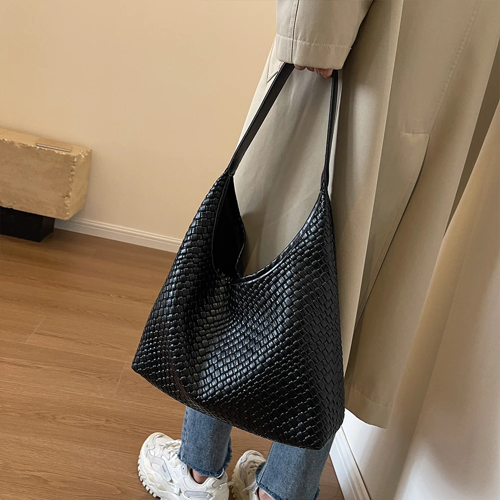 Stylish Women Large Shoulder Bag with Pouch Trendy PU Woven Tote Satchel Bag for Everyday Use and Shopping - Image 2