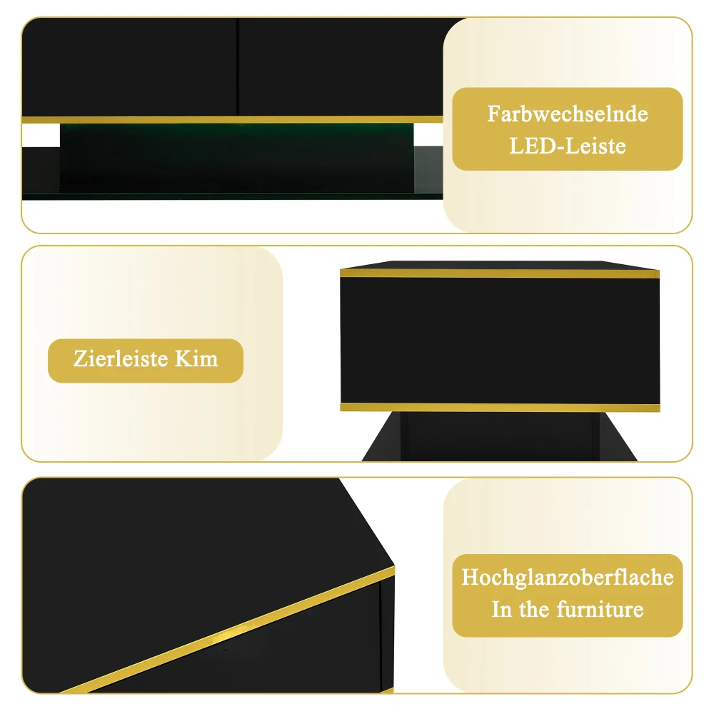 Modern LED Coffee Table with High Gloss Surface, Gold Decoration, Drawers and A Compartment with Color Changing LED Light Strip - Image 40