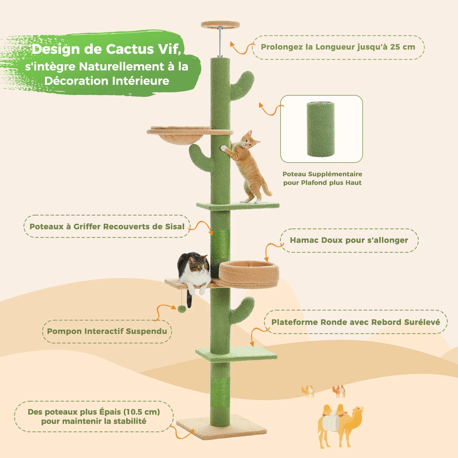 Cactus Cat Tree Floor to Ceiling Cat Tower with Sisal Scratching Post,Comfortable Hammock for Multi-Cat Homes,Cat Accessories - Image 26