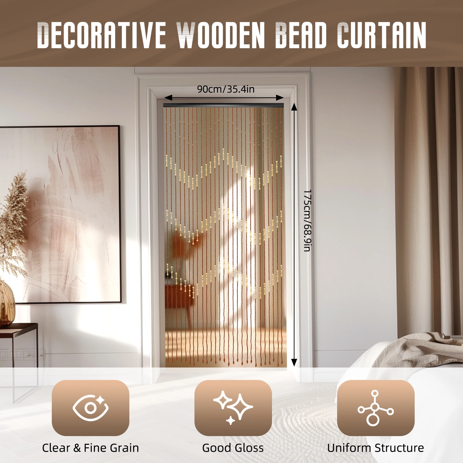 Wooden Bead Curtain 35.4*68.9IN Size 27 Lines Retro Design No-Punch Installation for Living Room Bedroom Door Window Decoration - Image 12