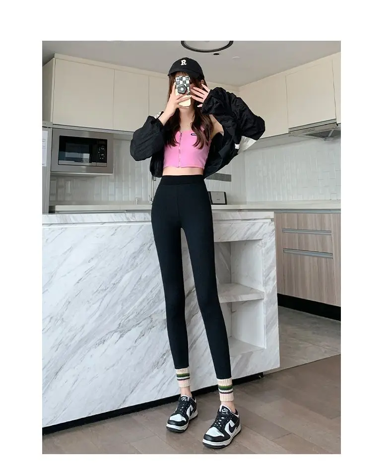 Ribbed Leggings Women High Waist Slim Thermal Wear Leggings Season Wool Pants for Fall Winter Fashion Striped Warm Pants - Image 32