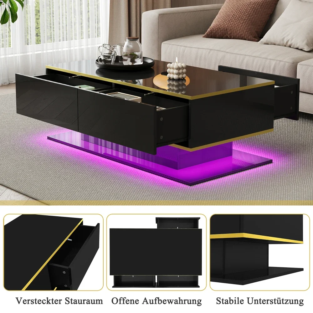 Modern LED Coffee Table with High Gloss Surface, Gold Decoration, Drawers and A Compartment with Color Changing LED Light Strip - Image 39