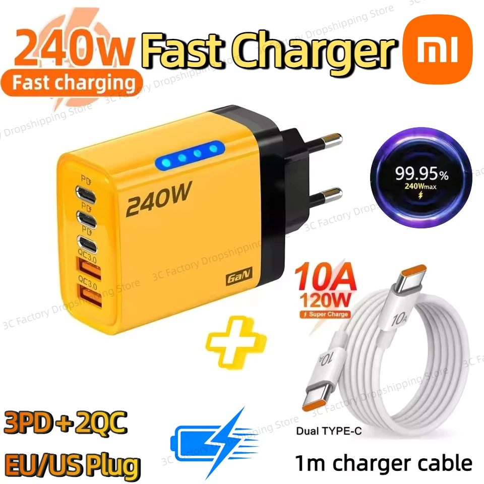 Xiaomi 240W GaN Fast Charger With LED Light 2USB+3TypeC Multi Port Phone Charging Head For iPhone Samsung Laptop Tablets New