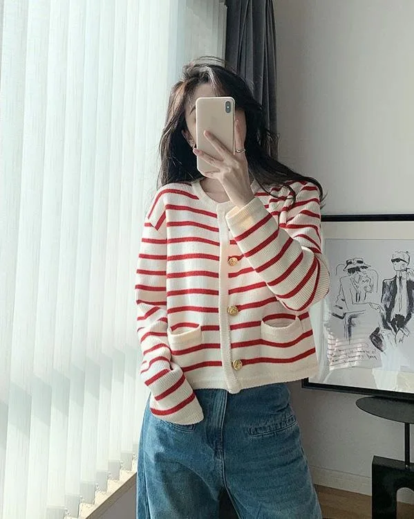 Women Stripe Knitted Cardigans Spring Autumn O-neck Single Breasted Long Sleeve Crop Tops Fashion Casual Chic Female Sweaters - Image 10
