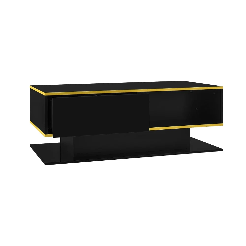Modern LED Coffee Table with High Gloss Surface, Gold Decoration, Drawers and A Compartment with Color Changing LED Light Strip - Image 52