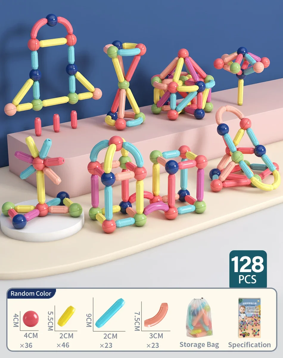 128PCS Magnetic Building Blocks Toy Magnetic Construction Set Magnet Ball Sticks Rod Games Montessori Educational Toys for Kids - Image 7