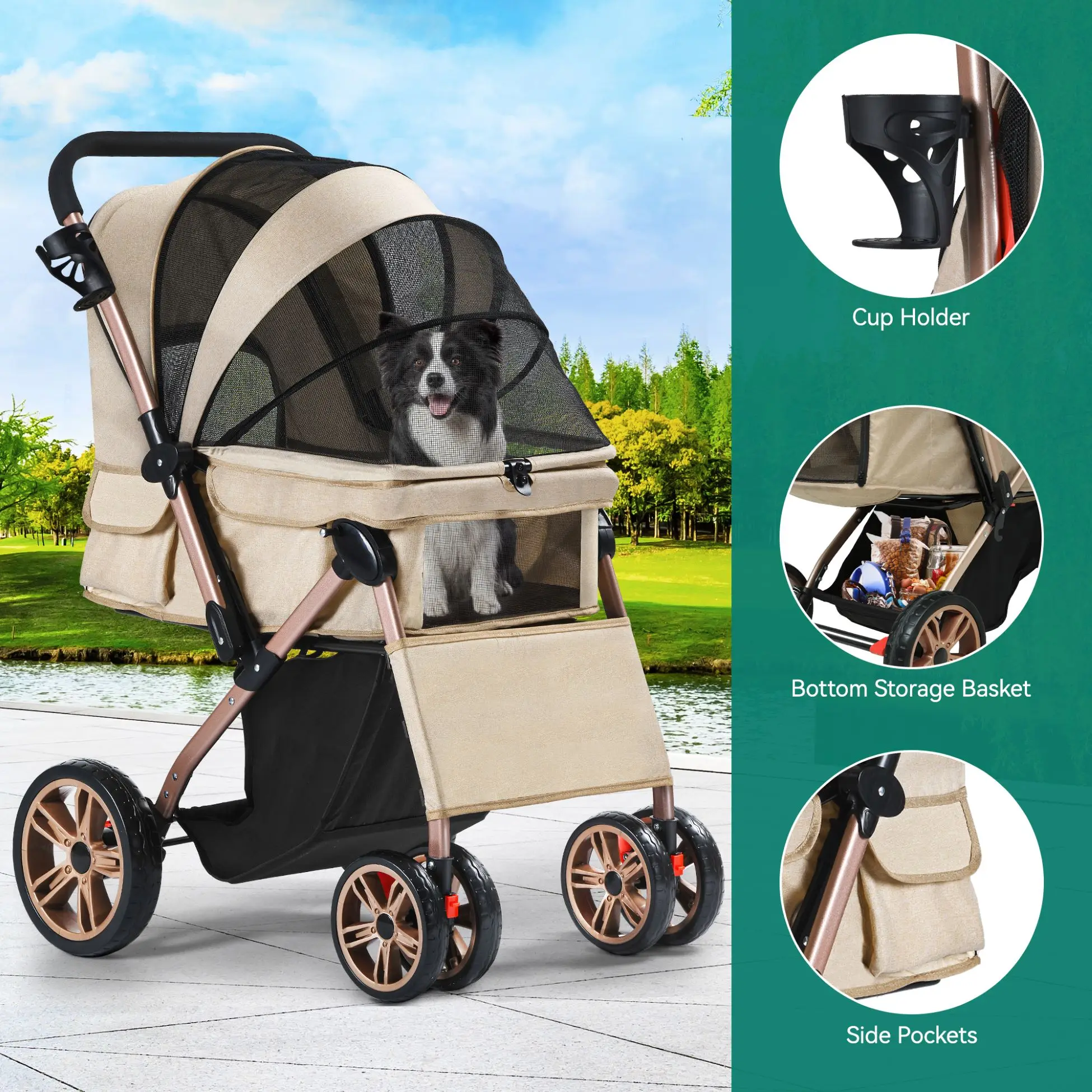 YITAHOME Dog Stroller - Foldable with Reversible Handle, Mesh Windows & 360° Wheels for Small/Medium Pets - Image 6