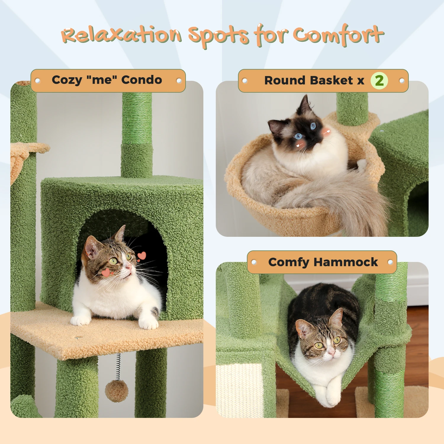 Cactus Cat Tree Floor to Ceiling Cat Tower with Sisal Scratching Post,Comfortable Hammock for Multi-Cat Homes,Cat Accessories - Image 22