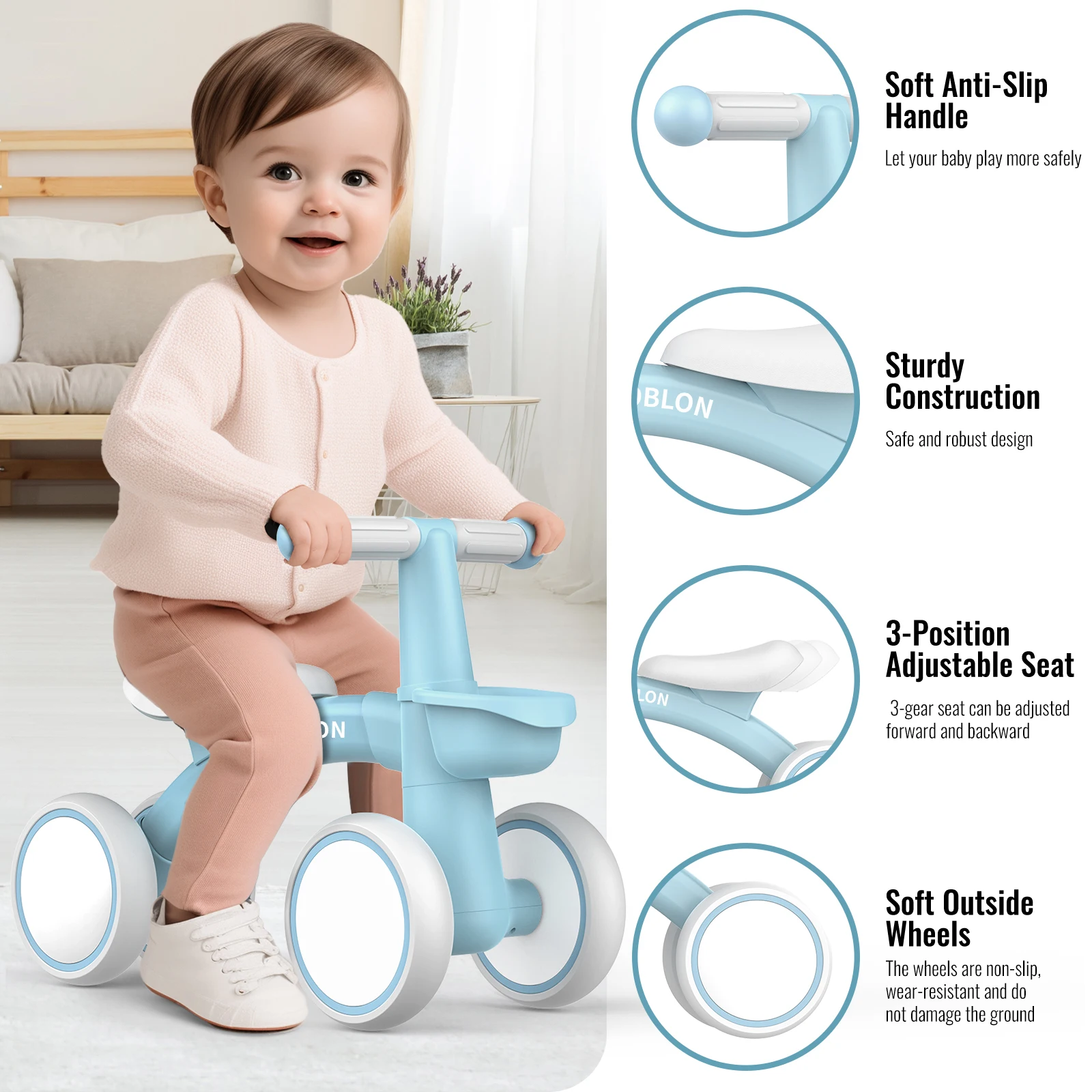 Baby Walkers, Poblon Unpedaled Baby Balance Bike for Children from 1 to 2 Years Old 12-24 Months 4 Wheels Bicycle with Basket - Image 3