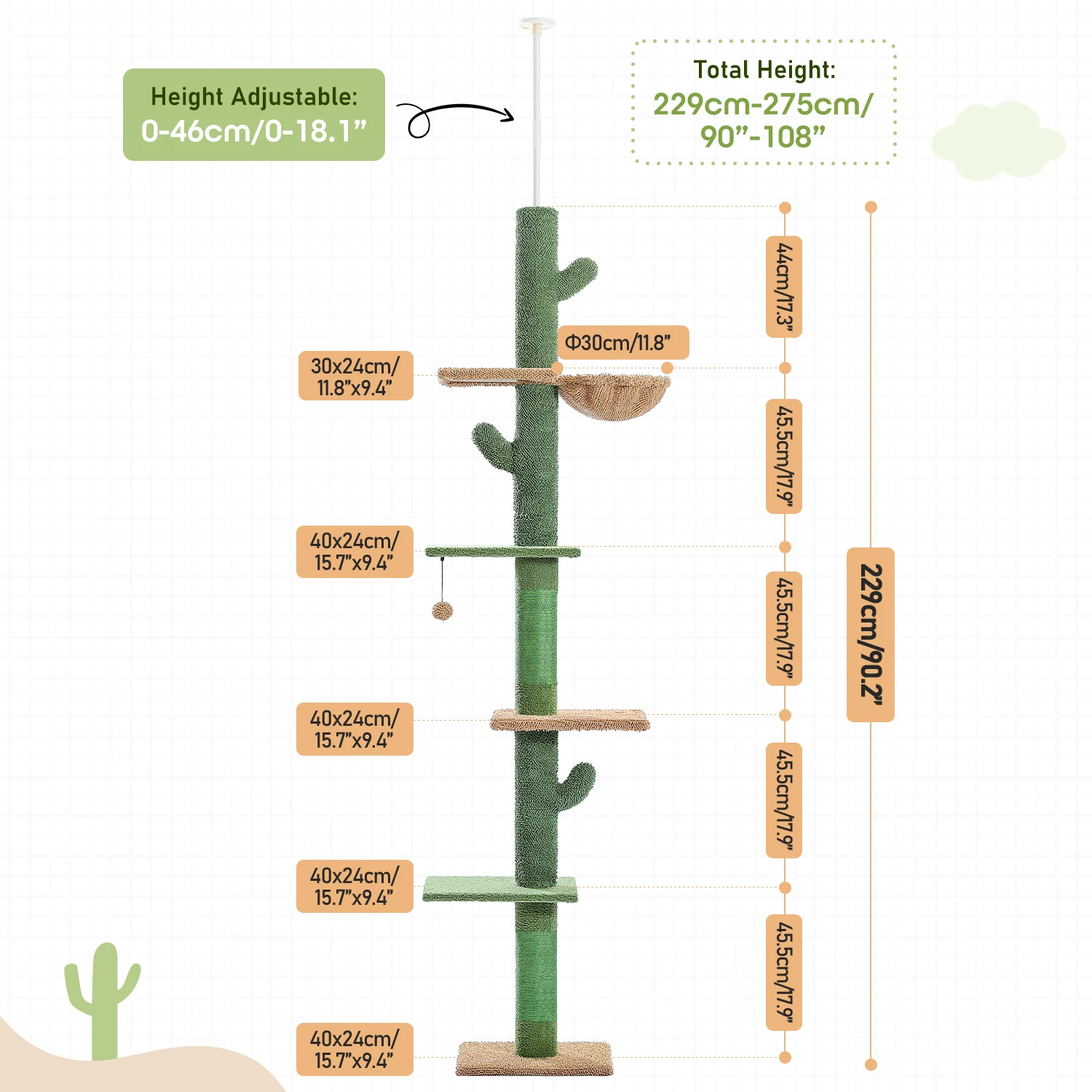 Cactus Cat Tree Floor to Ceiling Cat Tower with Sisal Scratching Post,Comfortable Hammock for Multi-Cat Homes,Cat Accessories - Image 10