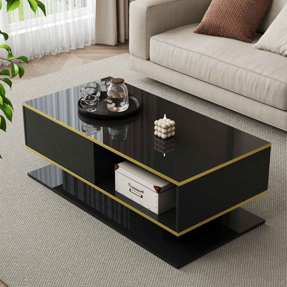 Modern LED Coffee Table with High Gloss Surface, Gold Decoration, Drawers and A Compartment with Color Changing LED Light Strip - Image 45