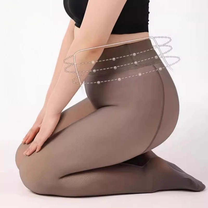 M L XL Plus Size Thermal Fleece Lining Warm Shaping Pantyhose Women Sexy Fake Semi-Transparent High Waist Tights Leggings - Image 16