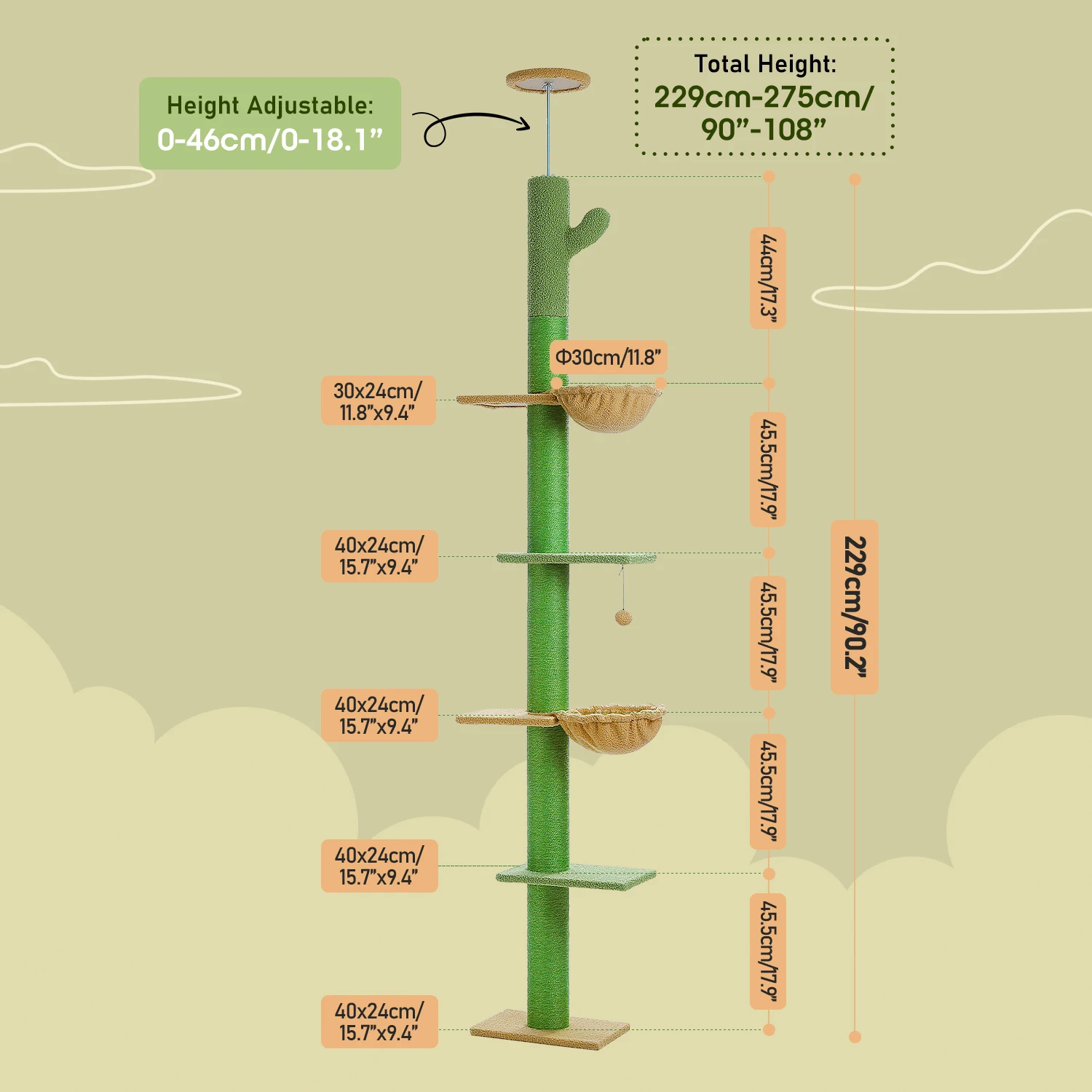 Cactus Cat Tree Floor to Ceiling Cat Tower with Sisal Scratching Post,Comfortable Hammock for Multi-Cat Homes,Cat Accessories - Image 11