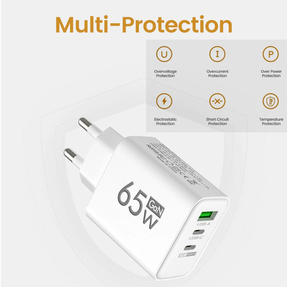 PD 65W GaN USB C Charger 3 Ports Fast Charger Quick Charge 3.0 Type C Phone Adapter For iPhone 15 16 Samsung Xiaomi Wall Charger - Image 4