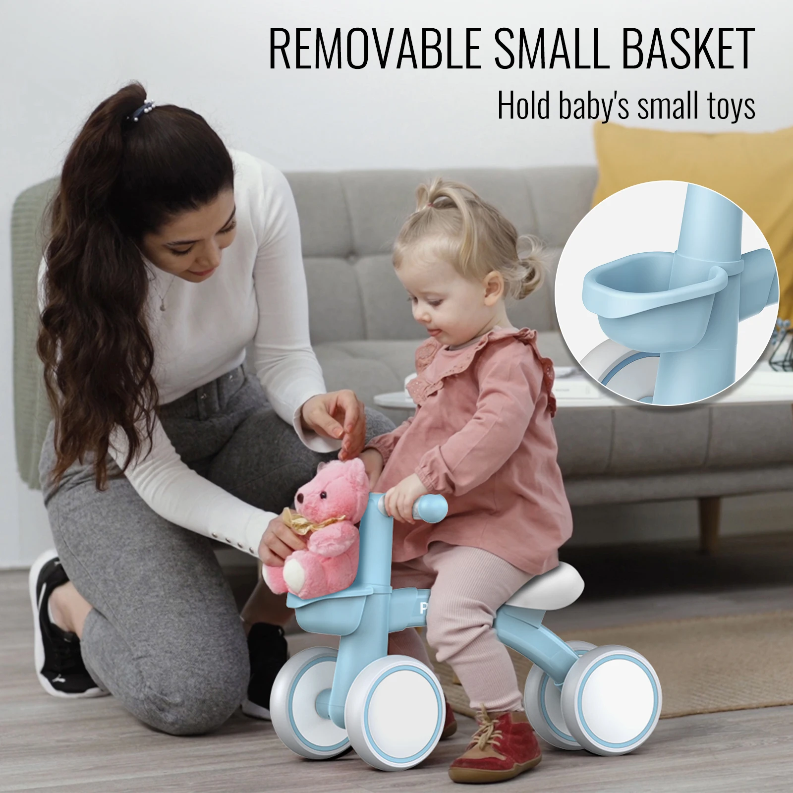 Baby Walkers, Poblon Unpedaled Baby Balance Bike for Children from 1 to 2 Years Old 12-24 Months 4 Wheels Bicycle with Basket - Image 4