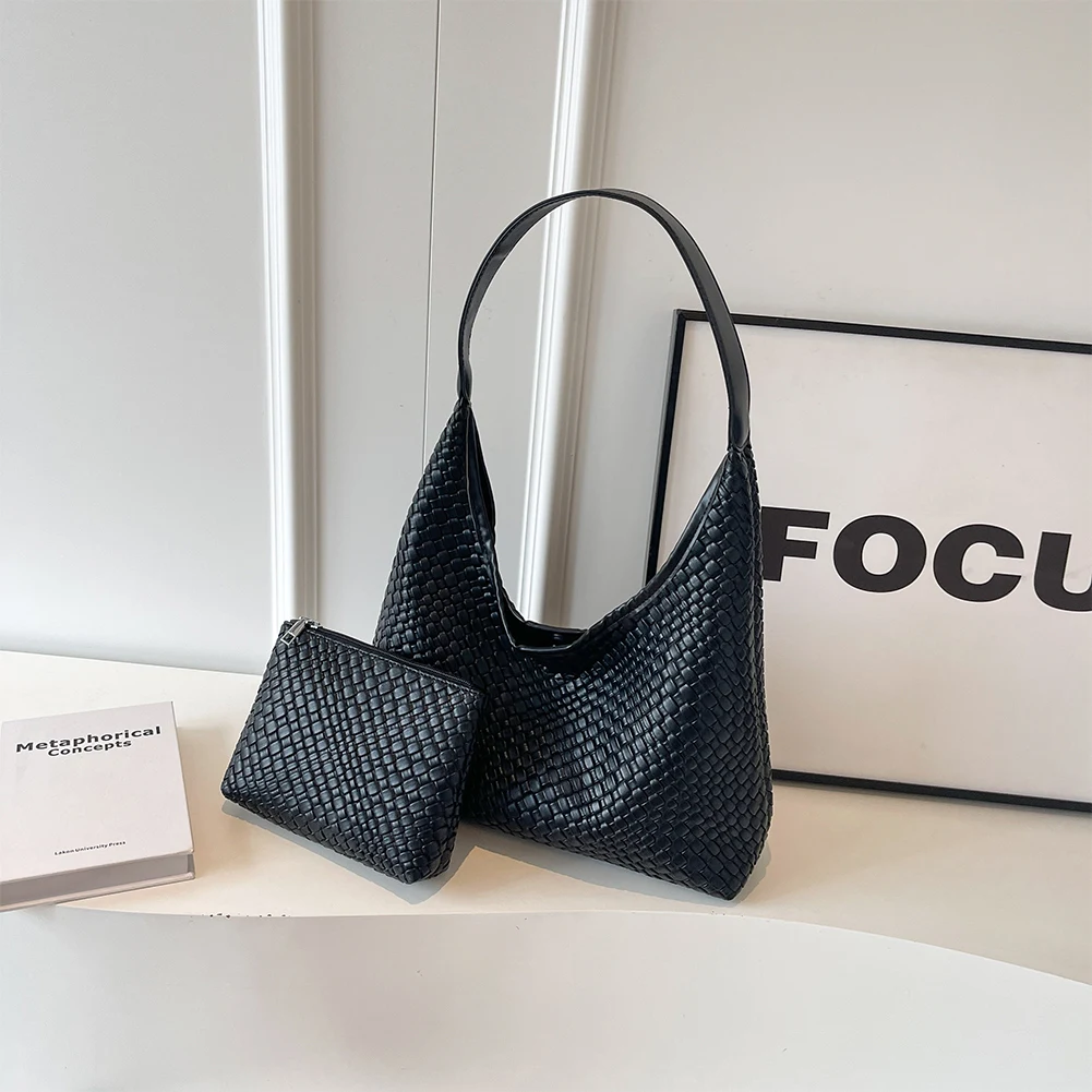 Stylish Women Large Shoulder Bag with Pouch Trendy PU Woven Tote Satchel Bag for Everyday Use and Shopping - Image 7