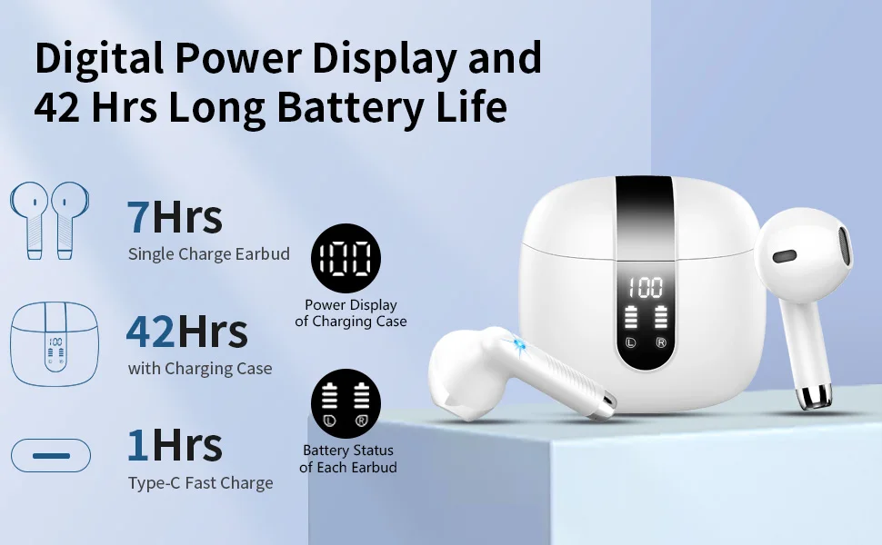 Wireless Earbuds, Bluetooth 5.3 Headphones In Ear with 4 ENC Mics, 42H Playtime LED Display Wireless Earphones. - Image 8