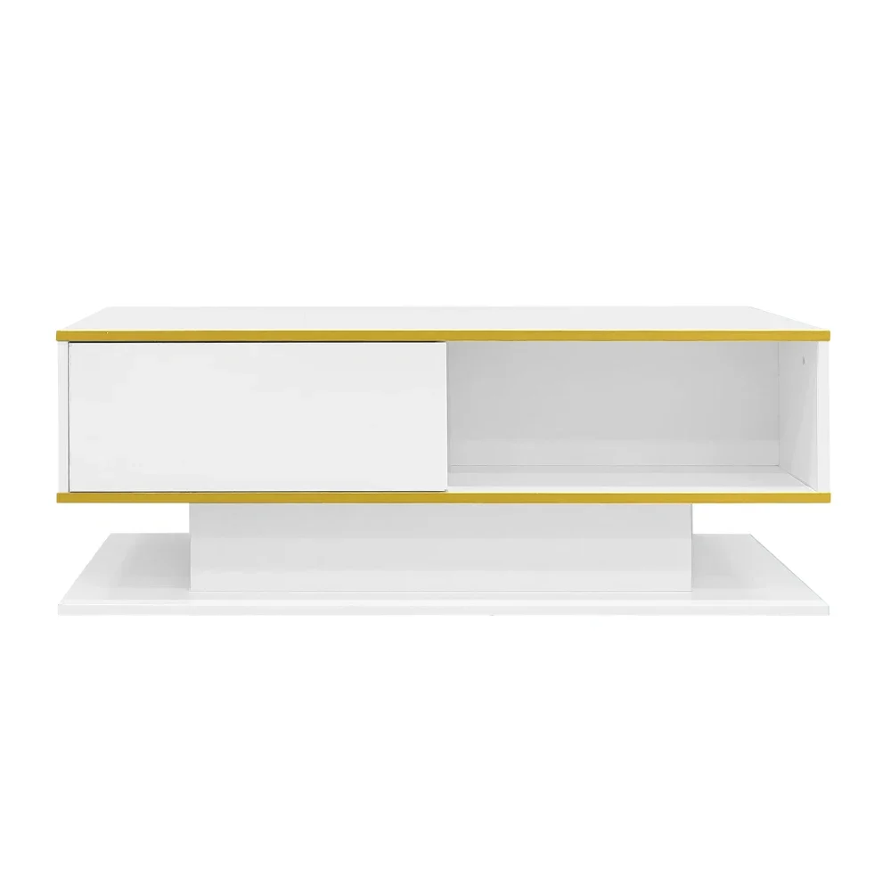 Modern LED Coffee Table with High Gloss Surface, Gold Decoration, Drawers and A Compartment with Color Changing LED Light Strip - Image 29