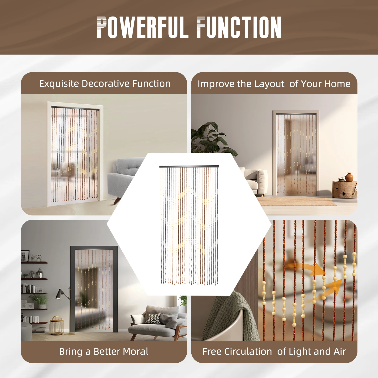 Wooden Bead Curtain 35.4*68.9IN Size 27 Lines Retro Design No-Punch Installation for Living Room Bedroom Door Window Decoration - Image 10