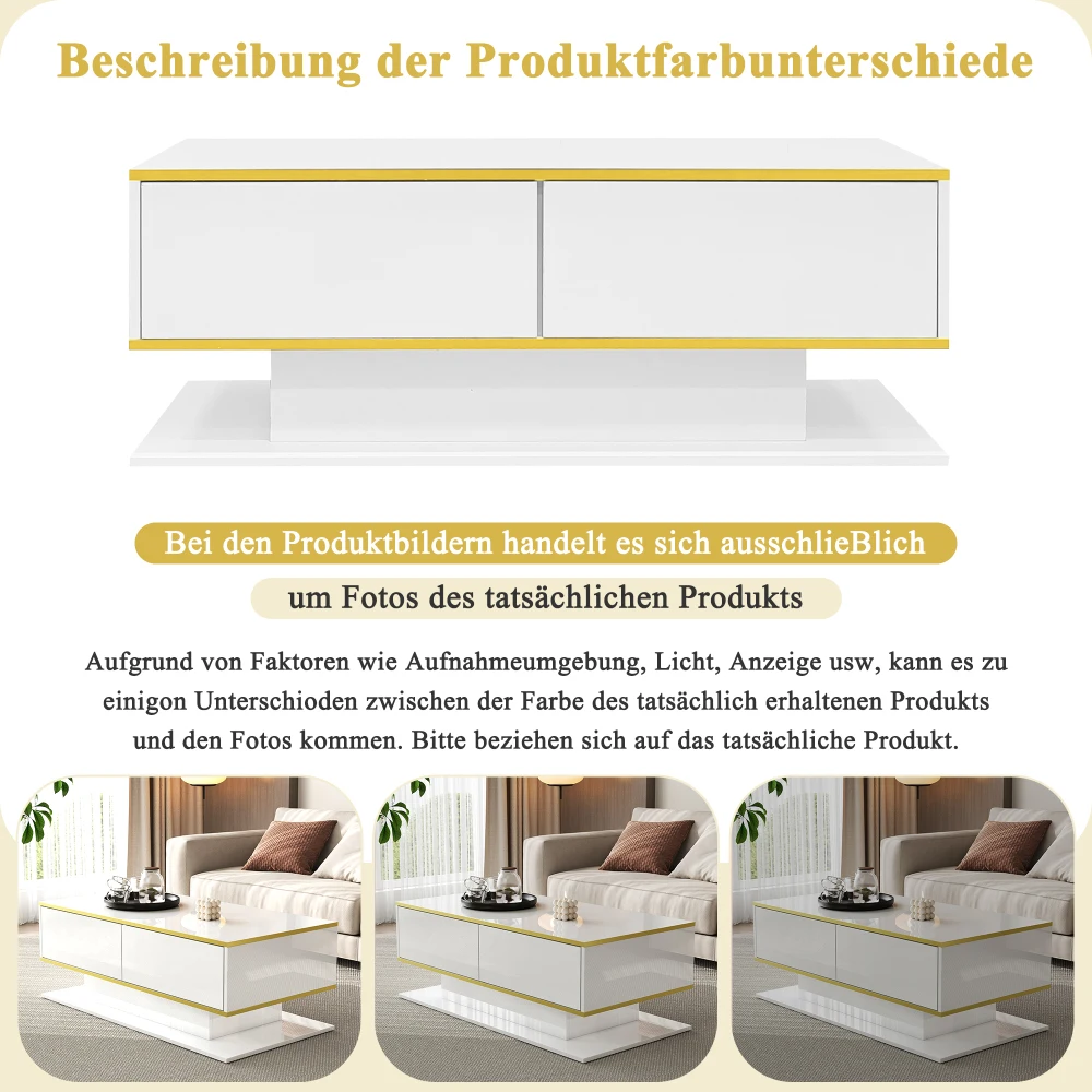 Modern LED Coffee Table with High Gloss Surface, Gold Decoration, Drawers and A Compartment with Color Changing LED Light Strip - Image 16