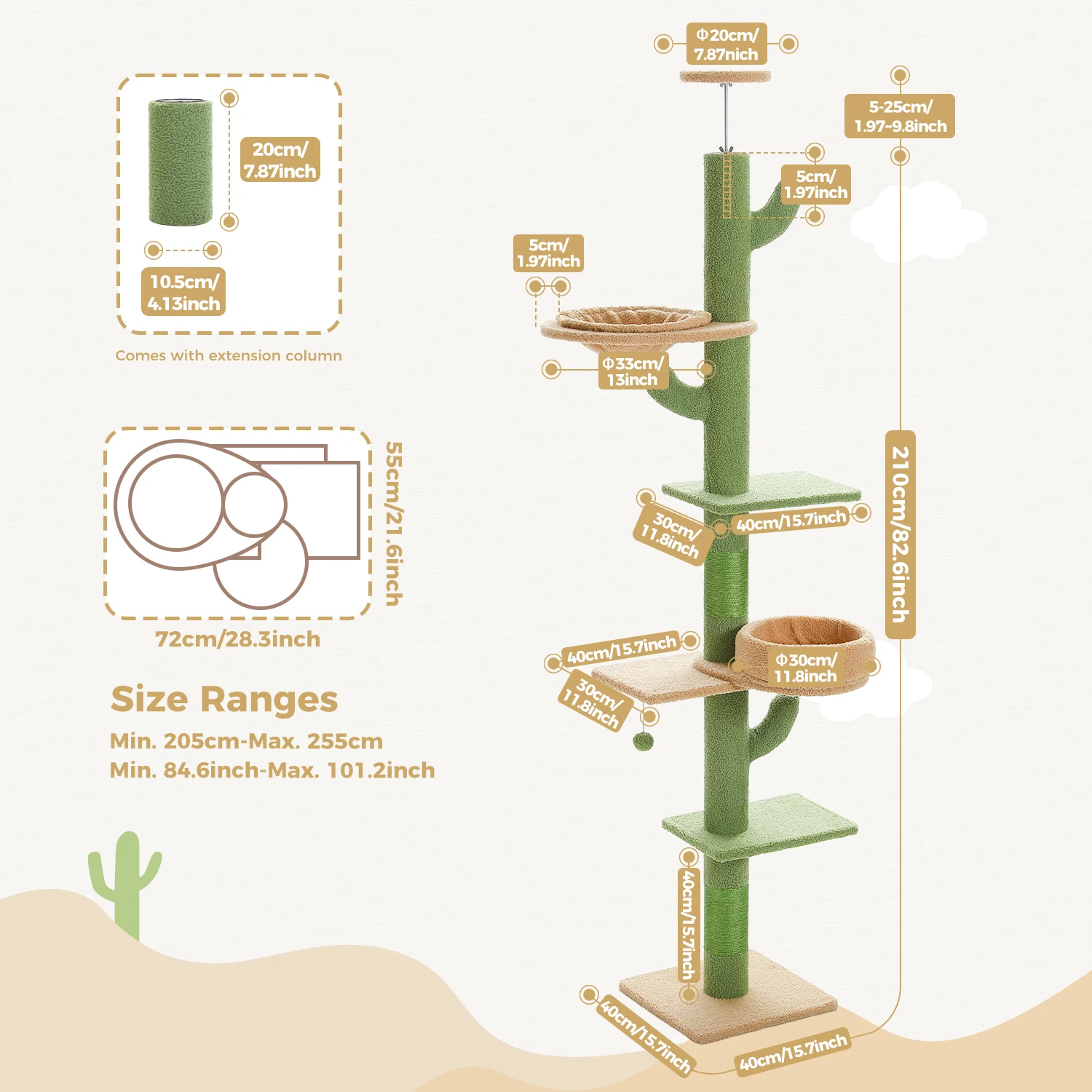 Cactus Cat Tree Floor to Ceiling Cat Tower with Sisal Scratching Post,Comfortable Hammock for Multi-Cat Homes,Cat Accessories - Image 7
