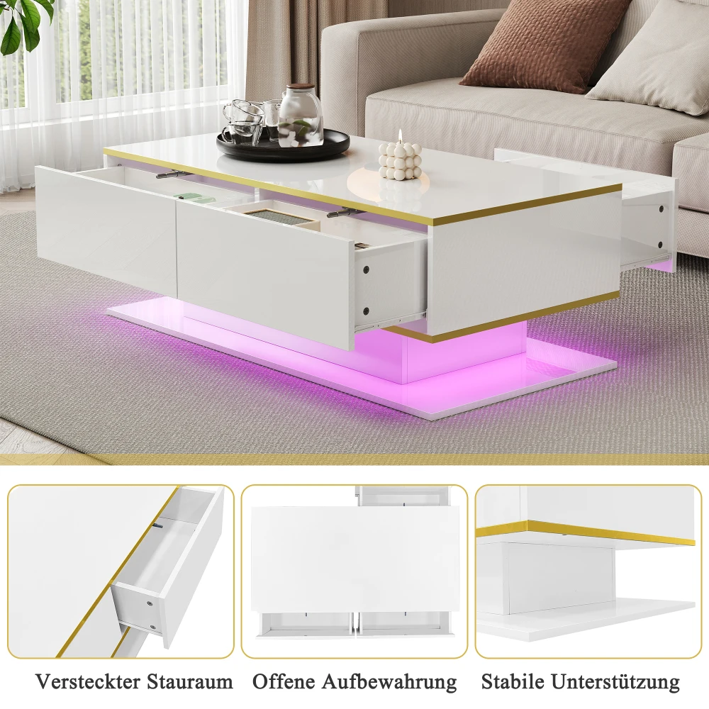 Modern LED Coffee Table with High Gloss Surface, Gold Decoration, Drawers and A Compartment with Color Changing LED Light Strip - Image 15