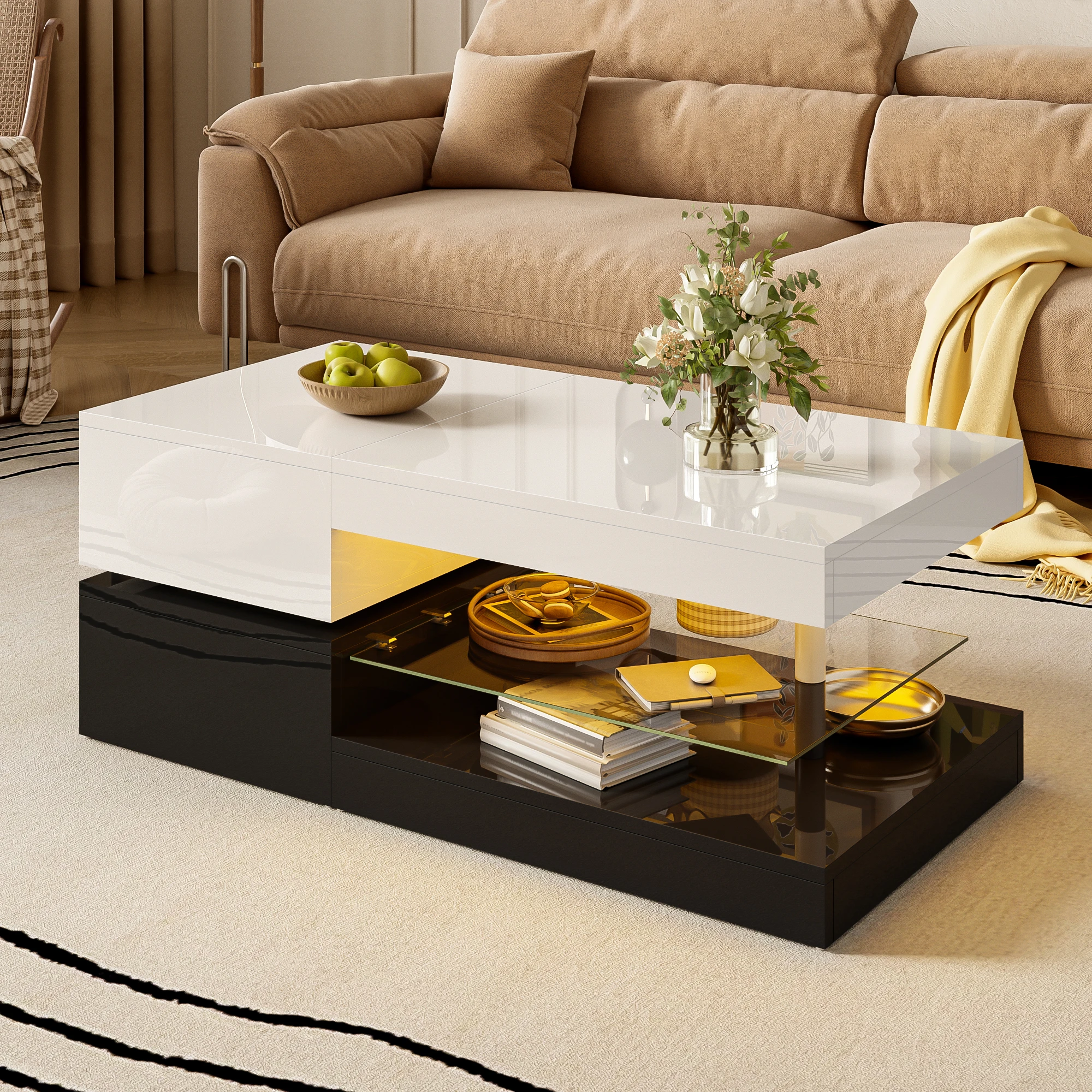 Modern coffee table with LED ambient lighting, app and Bluetooth control, glass shelf and high-gloss surface, black and white - Image 2