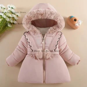 Children Autumn Winter Thick Cotton Coat Kids Girls Warm Pearls Jacket Plush Collar Hooded Windproof Outwear 1 To 6 Years Old