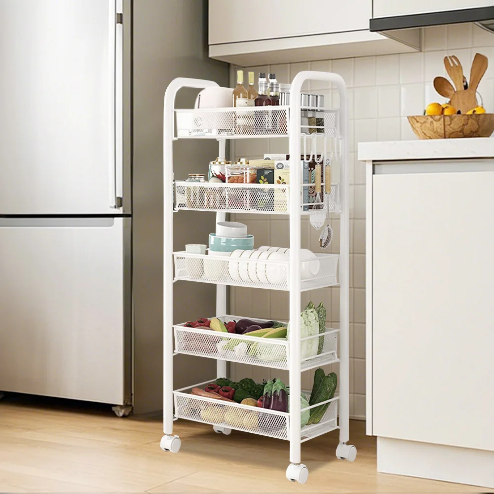 5-Tier Movable Trolley Storage Rack Metal Kitchen Rack Household Floor-Standing Multi-Layer Storage Rack Vegetable Basket