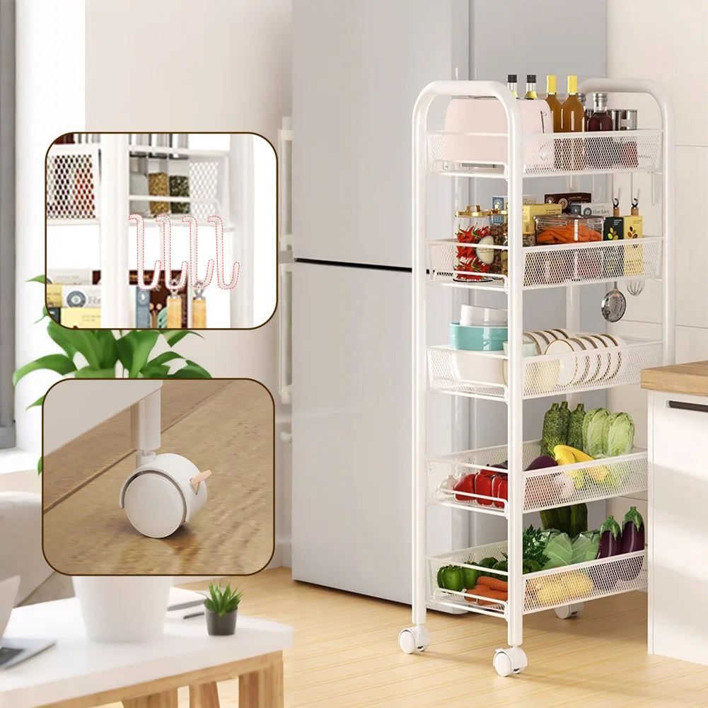 5-Tier Movable Trolley Storage Rack Metal Kitchen Rack Household Floor-Standing Multi-Layer Storage Rack Vegetable Basket - Image 4