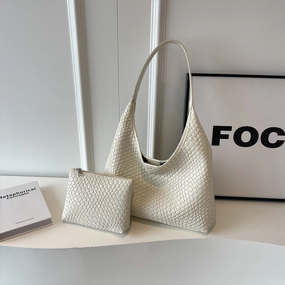 Stylish Women Large Shoulder Bag with Pouch Trendy PU Woven Tote Satchel Bag for Everyday Use and Shopping - Image 9