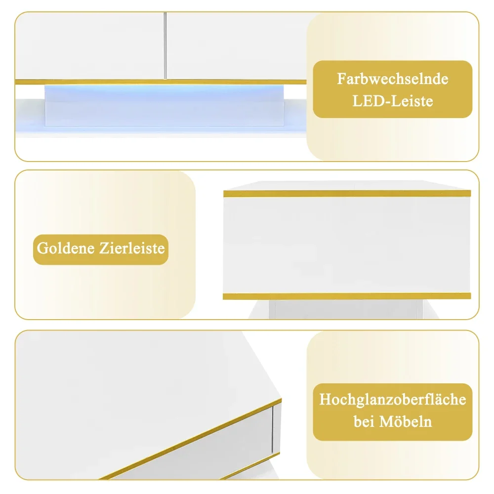 Modern LED Coffee Table with High Gloss Surface, Gold Decoration, Drawers and A Compartment with Color Changing LED Light Strip - Image 17
