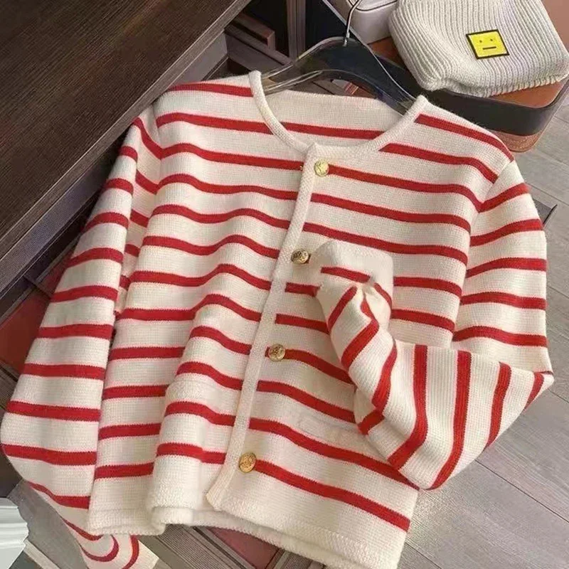Women Stripe Knitted Cardigans Spring Autumn O-neck Single Breasted Long Sleeve Crop Tops Fashion Casual Chic Female Sweaters - Image 2