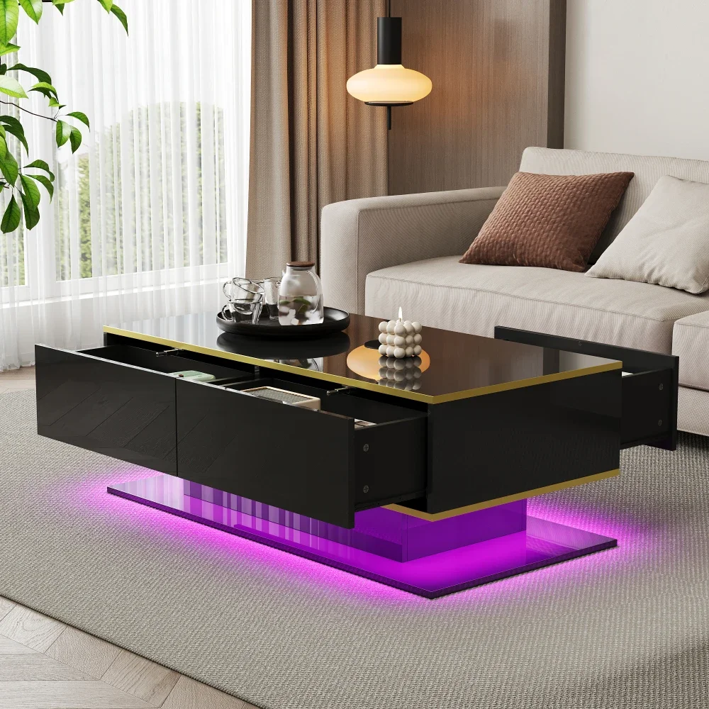 Modern LED Coffee Table with High Gloss Surface, Gold Decoration, Drawers and A Compartment with Color Changing LED Light Strip - Image 34