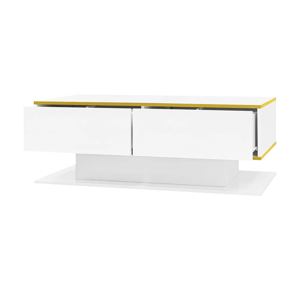 Modern LED Coffee Table with High Gloss Surface, Gold Decoration, Drawers and A Compartment with Color Changing LED Light Strip - Image 30