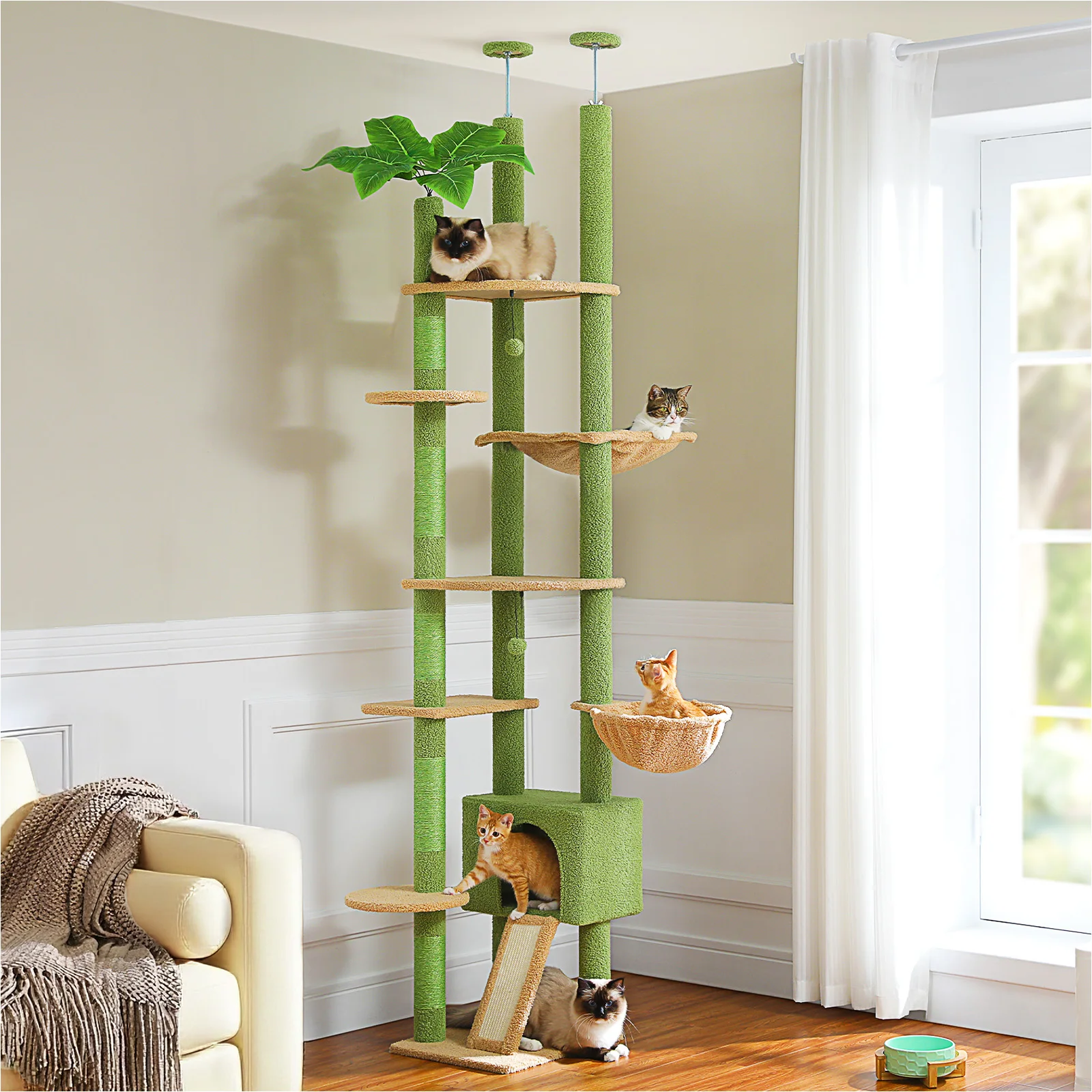 Cactus Cat Tree Floor to Ceiling Cat Tower with Sisal Scratching Post,Comfortable Hammock for Multi-Cat Homes,Cat Accessories - Image 5