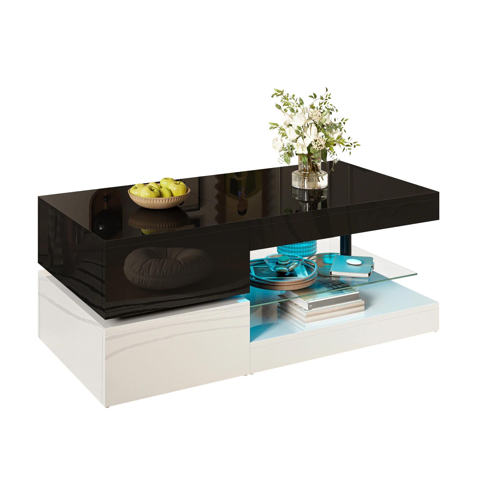Modern coffee table with LED ambient lighting, app and Bluetooth control, glass shelf and high-gloss surface, black and white - Image 7